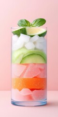 Colorful layered fruit drink in a clear glass on a pastel background.