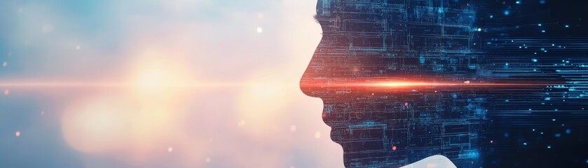 Wall Mural - digital human silhouette with abstract code and lights