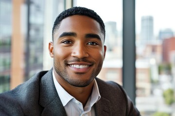  a successful businessman, smiling warmly in a corporate office, 