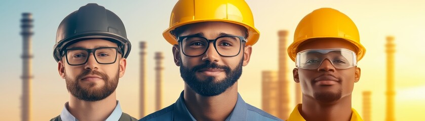 Diverse Construction Workers in Hard Hats and Safety Glasses