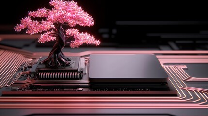 Wall Mural - pink sakura tree growing on circuit board technology and nature concept