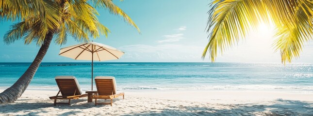 Poster - On a tropical beach, deckchairs and parasols are surrounded by palm trees
