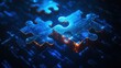 © AUNTYANN STUDIO - An image representing two glowing puzzle pieces coming together over a digital binary code background, symbolizing technological solutions, integration, or connection in the digital world.
