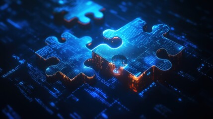 An image representing two glowing puzzle pieces coming together over a digital binary code background, symbolizing technological solutions, integration, or connection in the digital world.