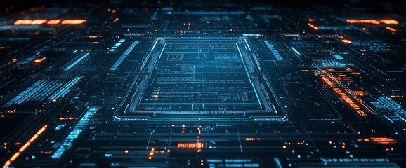Poster - Printed circuit board futuristic server graphics and code processing on orange, green, and blue technology background. 3D rendering.