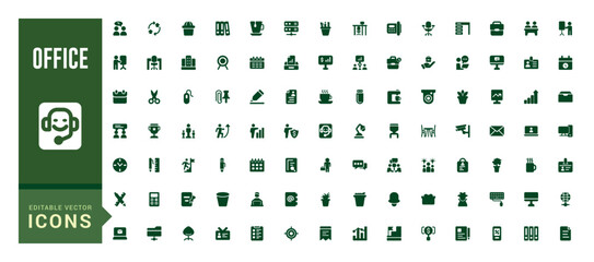 Office solid icons set. Related to briefcase, desk, computer, meeting. Glyph icon collection for web and ui. Filled icon set, Editable and Vector illustration.