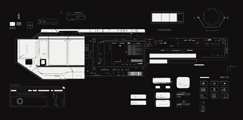 Fototapete - Digital technology user interface elements: HUD, GUI, UI. Futuristic elements for video games. Digital frames, buttons, arrows, scales on loading percentages. Modern art.