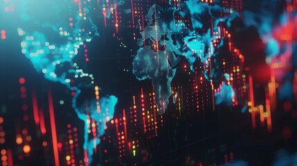 Leinwandbilder - The camera moves through 3D space with a world map and stock market indexes. Digital animation of stock market price changes. Animation loop in 4k.