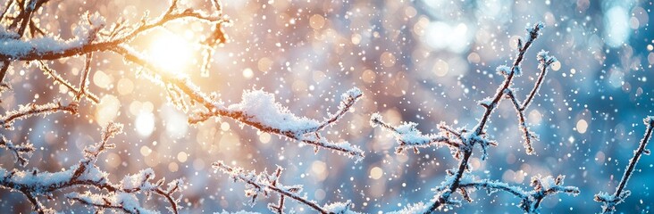 Poster - An image of snow-covered branches of plants against a blurry background during a snowstorm