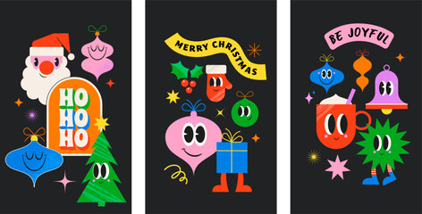 Merry Christmas vertical cards templates, collection of funny cartoons, stickers, illustrations. Retro modern style Christmas ornaments, Santa, Xmas tree with funny characters, faces, eyes and smiles.