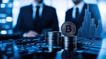 Aufkleber - Bitcoin coins on financial market display.