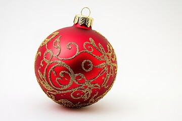 Red Christmas bauble with golden glitter swirls on white.