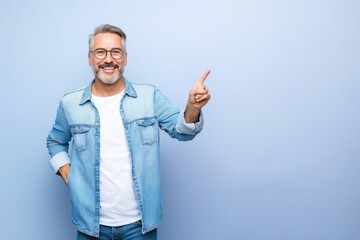 A man in a blue jacket is pointing to the sky. He is smiling and he is happy