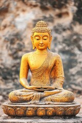 A striking golden Buddha statue evokes peace and tranquility, capturing the essence of meditation and spirituality in a serene outdoor setting.