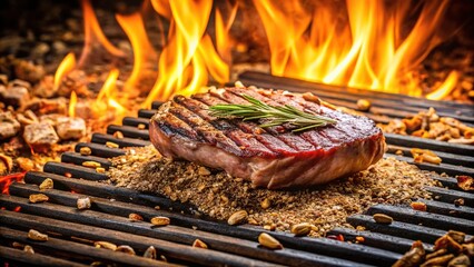 Grill with meat and wood chips on ground