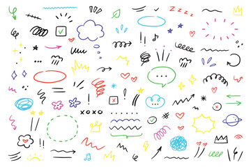Fototapete - Hand drawn marker simple elements set. Grunge doodle underlines, icons, emphasis, speech bubbles, arrows and shapes. Vector illustration isolated on white background.