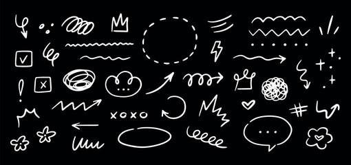 Poster - Hand drawn marker simple elements set. Grunge doodle underlines, icons, emphasis, speech bubbles, arrows and shapes. Vector illustration isolated on black background.