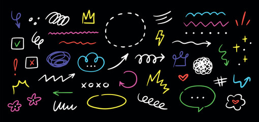 Poster - Hand drawn marker simple elements set. Grunge doodle underlines, icons, emphasis, speech bubbles, arrows and shapes. Vector illustration isolated on black background.