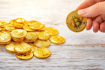 Aufkleber - Hand holding Bitcoin over golden coins