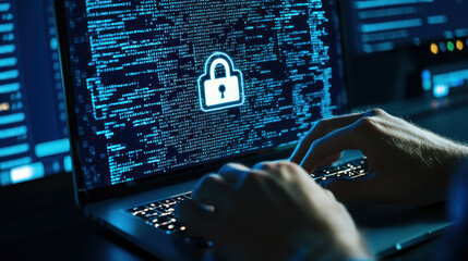 Poster - Hands typing on laptop with security icon.