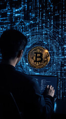 Aufkleber - Person analyzing cryptocurrency data, digital background
