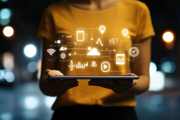 Aufkleber - Person holding tablet with digital icons.