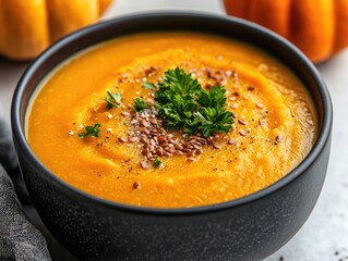 Pumpkin pureed soup in black bowl garnished with parsley and flax seeds on a light surface with whole small pumpkin