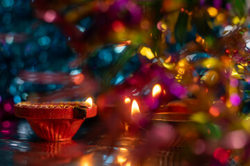 Diwali celebration background with glowing clay oil lamps and colorful lights bokeh