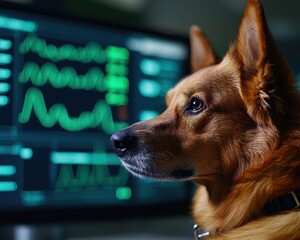 A focused dog observes digital data on a screen, showcasing a blend of technology and pet companionship.