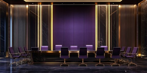 interior design of dark purple and gold conference hall with elegant desk and chairs neat and large modern empty screen in front 