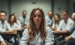 © I Have Photos - A confident young woman in a white shirt, glasses, and long hair, sits in the front of a group of people.  She looks directly at the camera.