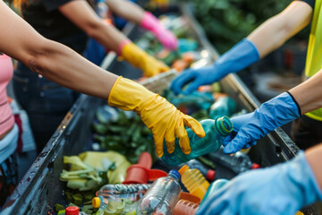 Multiple employees' gloved hands are depicted in close-up on the conveyor belt, engaged in sorting and recycling various types of waste, plastic bottles, glass and other assorted refuse.