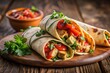 © suchetpong - Grilled tortilla wrap filled with wide-angle tasty grilled chicken meat sauce and fresh parsley