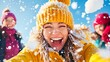 © mangolovemom - A joyful girl in a bright yellow coat and knitted hat plays in the snow, surrounded by friends, capturing a cheerful winter moment with laughter and snowflakes.