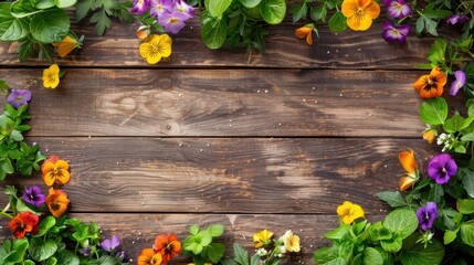 Wall Mural - Floral Border on Wooden Table Background