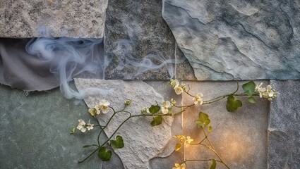 Poster - White flowers and smoke over a stone wall background.