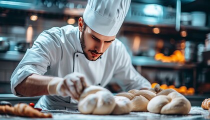 Baker skillfully prepares fresh dough in a chic, contemporary bakery kitchen space