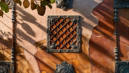 Sticker - Ornate metal grille on a textured wall with decorative accents and leaf shadows.