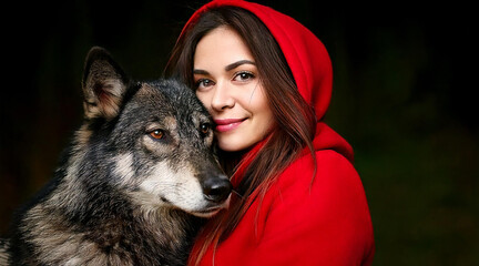 Wall Mural - Young woman with long black hair hugging  wolf, 