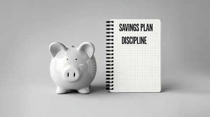 Piggy bank and notebook with savings plan and discipline on gray background.