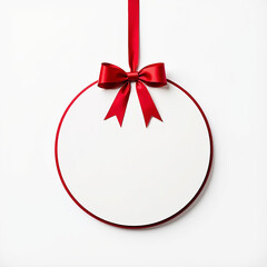 White Round Christmas Ball Tag Hanging with Shiny Red Ribbon and Bow, Isolated on White Background, Christmas Decoration Template