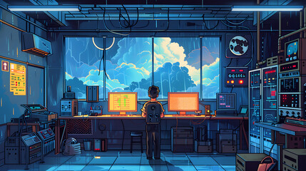 Wall Mural - Pixel art weather station, 8-bit climate controls, digital storm visualizers, blockchain environmental data, retro forecast game aesthetic, virtual cloud seeding room, arcade weather patterns