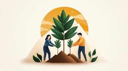 two people planting trees under a sun