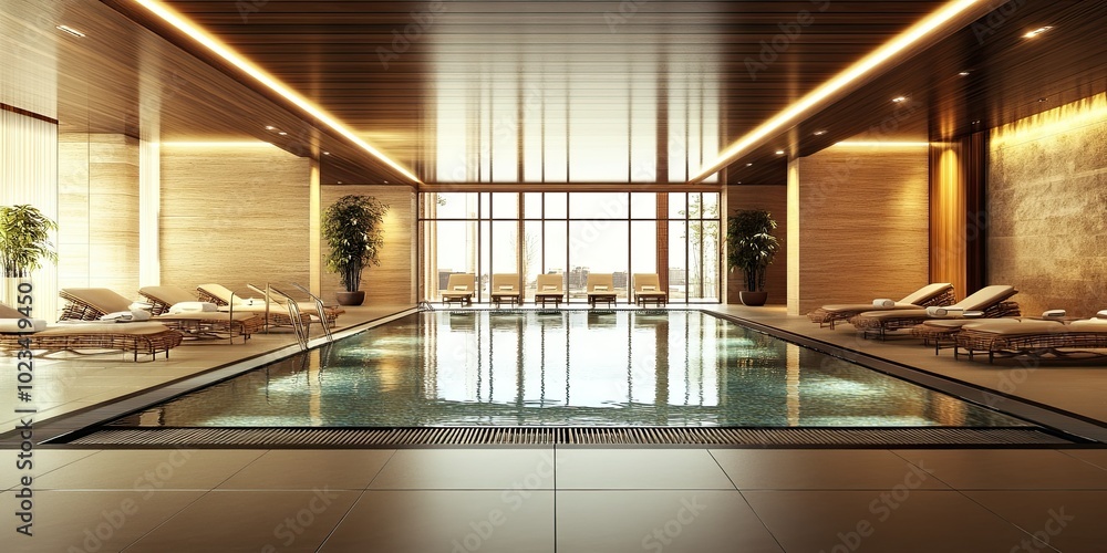 brown and cream indoor hotel swimming pool design with clear water and ...