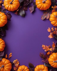 Sticker - Halloween decoration frame with fresh pumpkins on purple backdrop