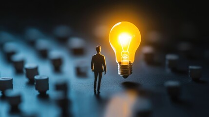 A lone figure approaches a glowing light bulb representing a new idea or solution.