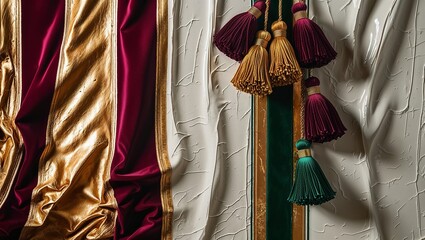 Wall Mural - Gold, red, and green velvet fabric with tassels, perfect for interior design or fashion projects.