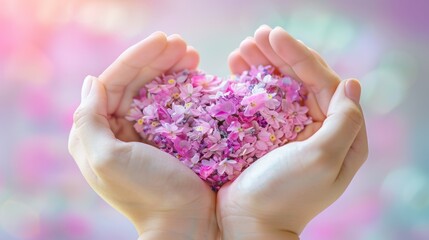 Wall Mural - Heart Shape Made of Pink Flowers in Hands