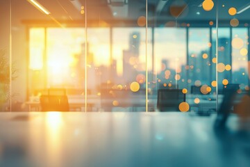 Fototapete - A beautiful blurred background of a modern office interior with a panoramic window and beautiful lighting.