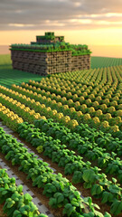 Agriculture field, soybeans thrive, leaves shimmering in nature's light, testament to successful farming and growing soy crop. rows of green soy crops growth, farming of vegetables in agricultural.